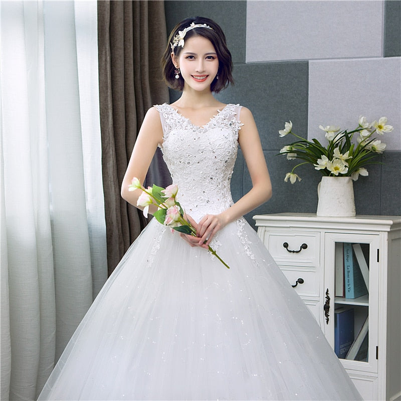 V-Neck Lace Tank Sleeveless Floral Print Ball Gown Ivory Wedding Dress