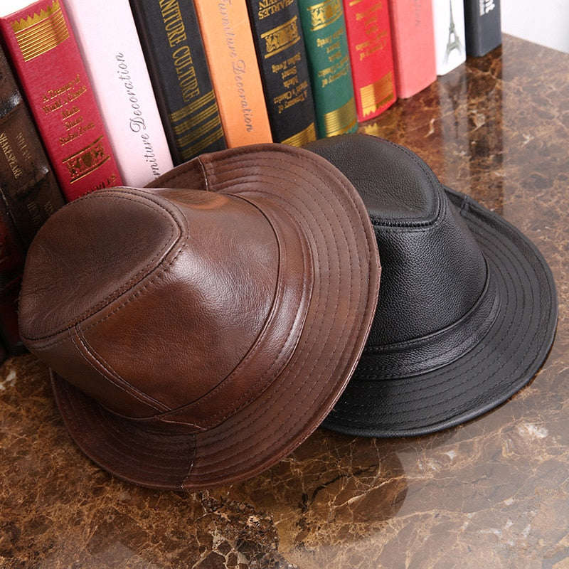 Male 100% Genuine Leather Jazz Hat Adult Fedoras Hat Male Sheepskin Fedoras Cap Men&