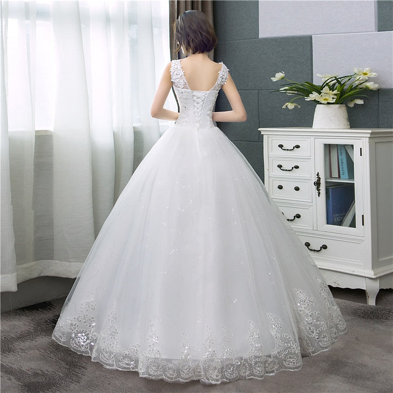 V-Neck Lace Tank Sleeveless Floral Print Ball Gown Ivory Wedding Dress