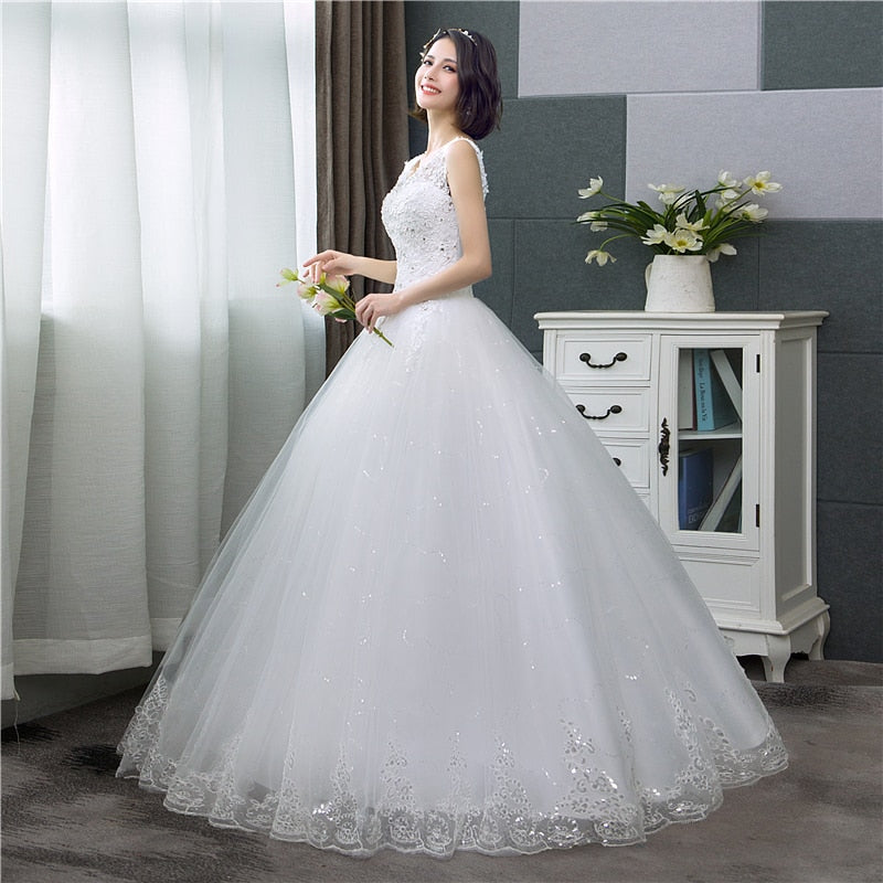 V-Neck Lace Tank Sleeveless Floral Print Ball Gown Ivory Wedding Dress