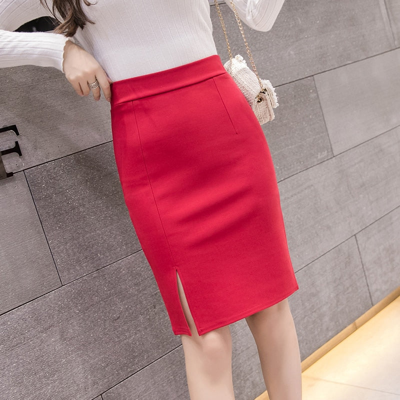 New Fashion Women Office Formal Pencil Skirt Spring Elegant Slim Front Slit Midi Skirt Black/Gray/Red OL Skirts