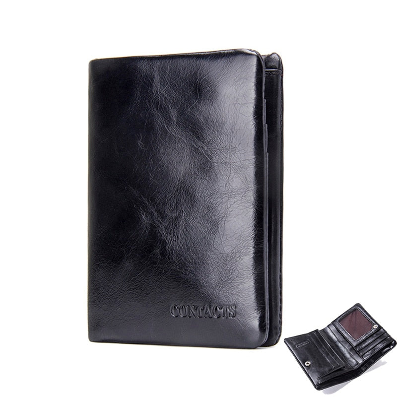 CONTACT'S Genuine Leather Oil Wax Men's Wallet Black Short Wallets for Men Portomonee Male Card Holder Carteira Masculina Walet