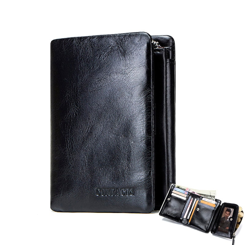 CONTACT'S Genuine Leather Oil Wax Men's Wallet Black Short Wallets for Men Portomonee Male Card Holder Carteira Masculina Walet