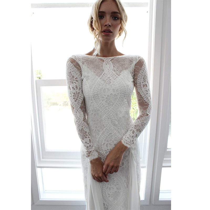 Ordifree Women Long Party Dress Vintage Long Sleeve Floor Length Sexy Backless White Lace Maxi Dress