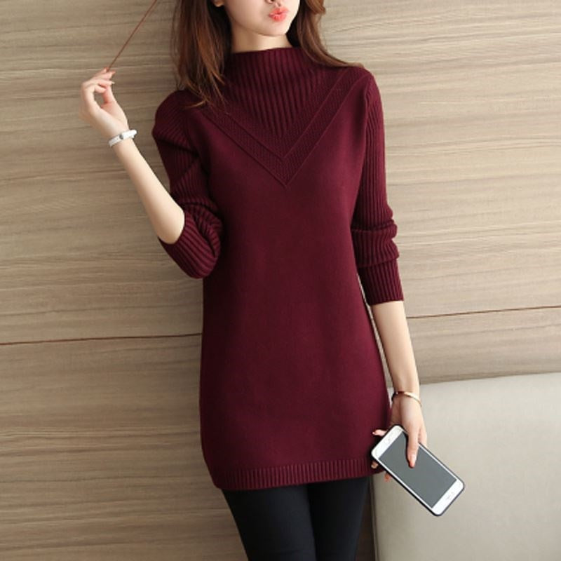 Women Knitwear Sweater Pullover Fashion Long Sleeve Half Turtleneck Sweater Jumper Female Solid Loose Tops AA887