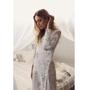 Ordifree Women Long Party Dress Vintage Long Sleeve Floor Length Sexy Backless White Lace Maxi Dress
