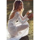 Ordifree Women Long Party Dress Vintage Long Sleeve Floor Length Sexy Backless White Lace Maxi Dress
