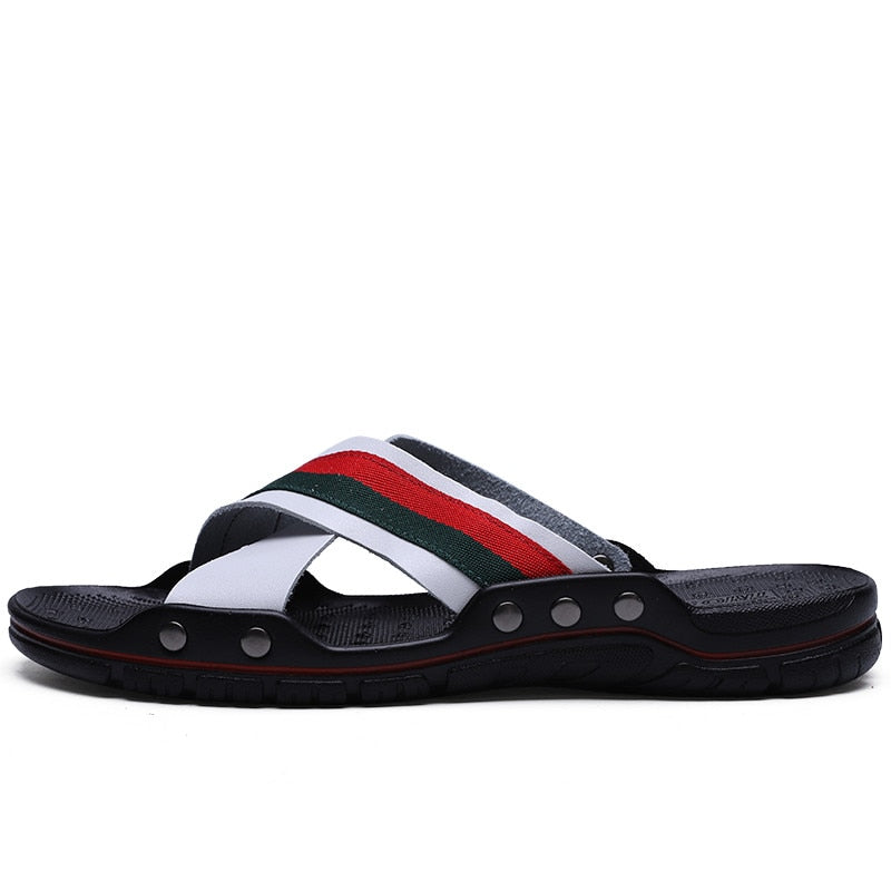 YEINSHAARS Brand Men Slippers Fashion Leather Cross Strap Beach Water Shoes Men High Quality Slippers Big Size:38-47