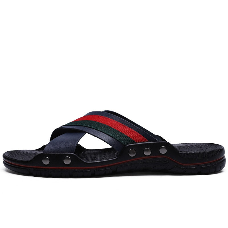 YEINSHAARS Brand Men Slippers Fashion Leather Cross Strap Beach Water Shoes Men High Quality Slippers Big Size:38-47