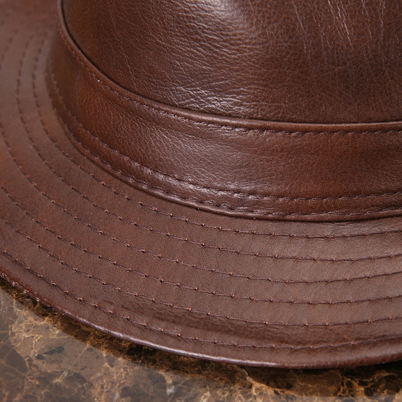 Male 100% Genuine Leather Jazz Hat Adult Fedoras Hat Male Sheepskin Fedoras Cap Men&