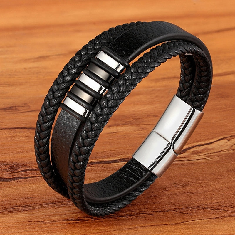 TYO Fashion Stainless Steel Charm Magnetic Black Men Bracelet Leather Genuine Braided Punk Rock Bangles Jewelry Accessories