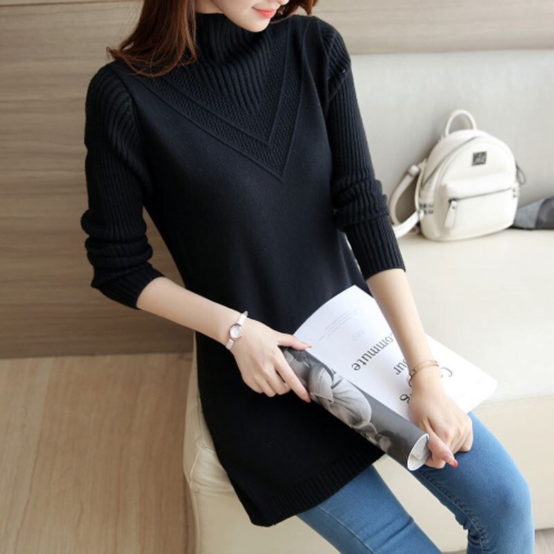 Women Knitwear Sweater Pullover Fashion Long Sleeve Half Turtleneck Sweater Jumper Female Solid Loose Tops AA887