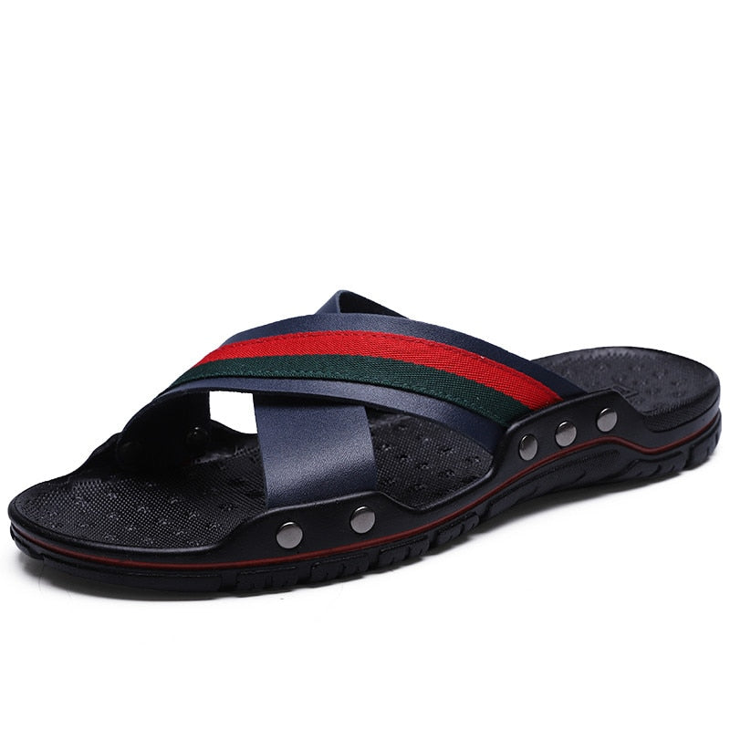 YEINSHAARS Brand Men Slippers Fashion Leather Cross Strap Beach Water Shoes Men High Quality Slippers Big Size:38-47