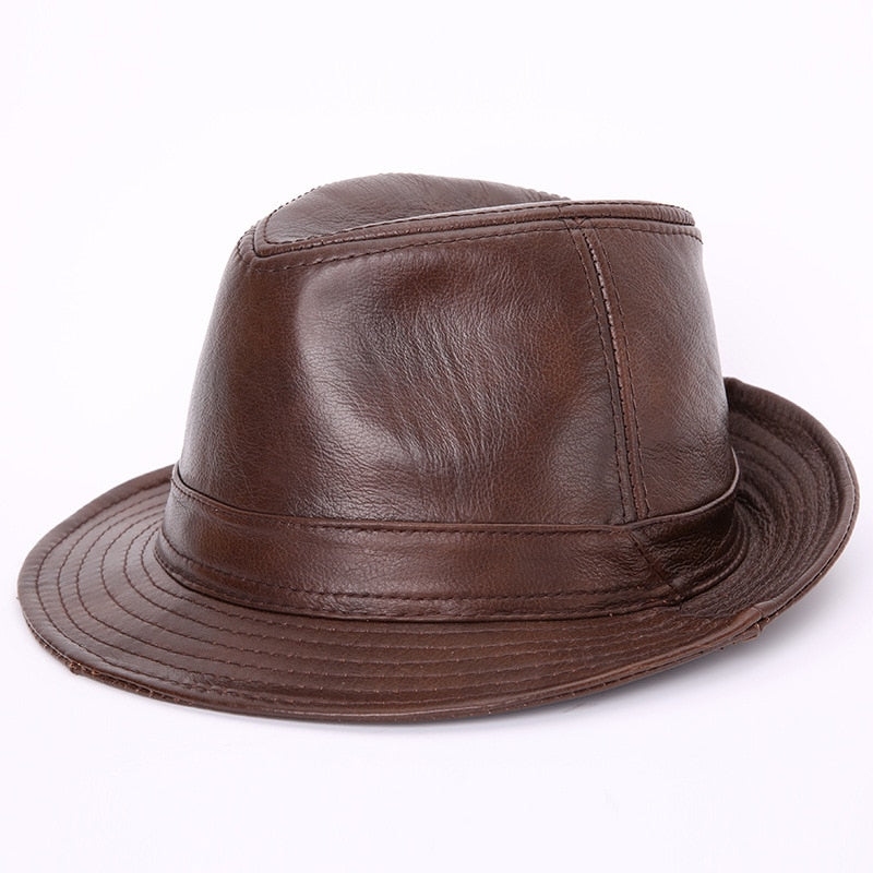 Male 100% Genuine Leather Jazz Hat Adult Fedoras Hat Male Sheepskin Fedoras Cap Men&