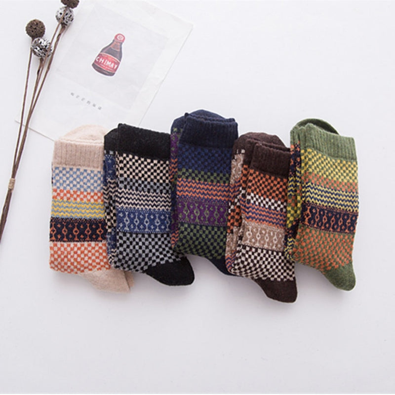 PEONFLY National Style Multi Colorful Geometric Square Printing Men Socks Thick Rabbit Wool Warm Male Retro Socks