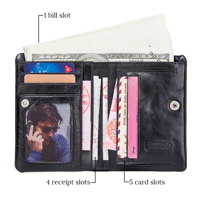 CONTACT'S Genuine Leather Oil Wax Men's Wallet Black Short Wallets for Men Portomonee Male Card Holder Carteira Masculina Walet