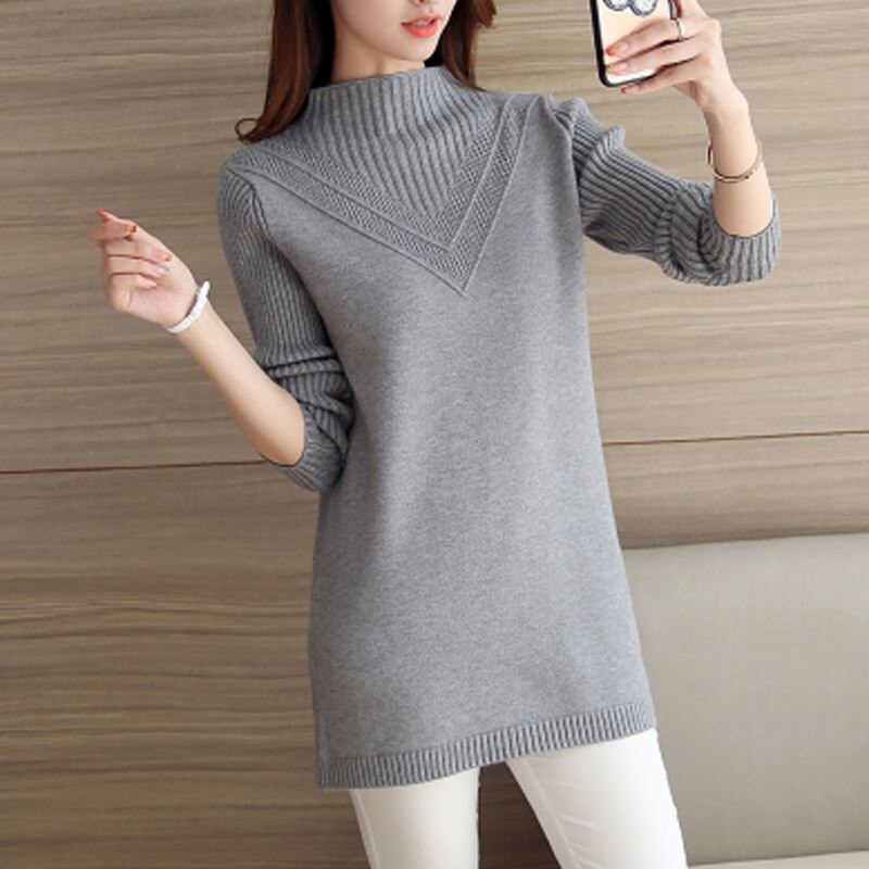 Women Knitwear Sweater Pullover Fashion Long Sleeve Half Turtleneck Sweater Jumper Female Solid Loose Tops AA887