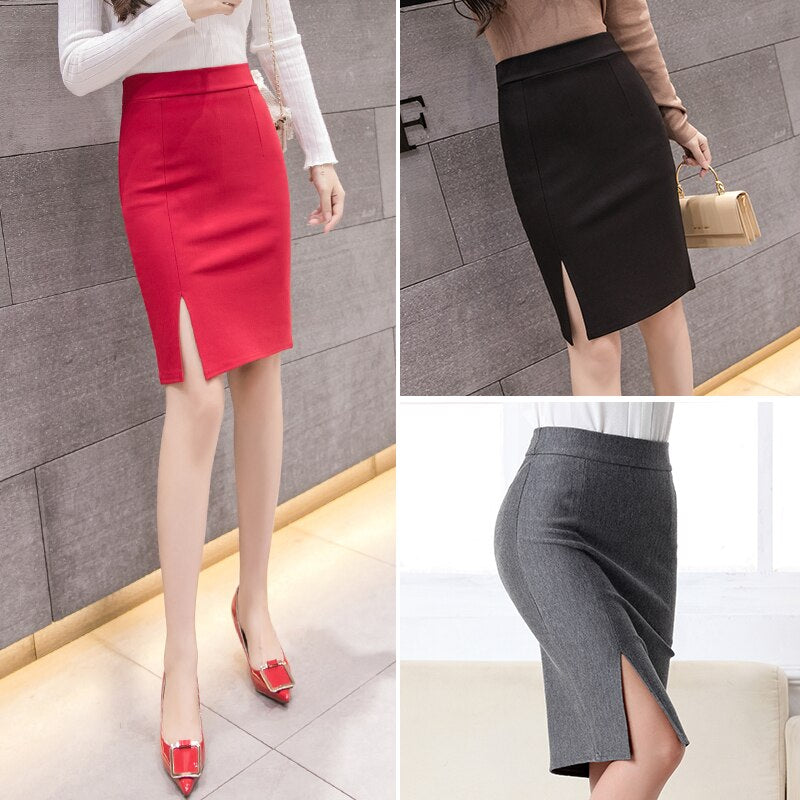 New Fashion Women Office Formal Pencil Skirt Spring Elegant Slim Front Slit Midi Skirt Black/Gray/Red OL Skirts