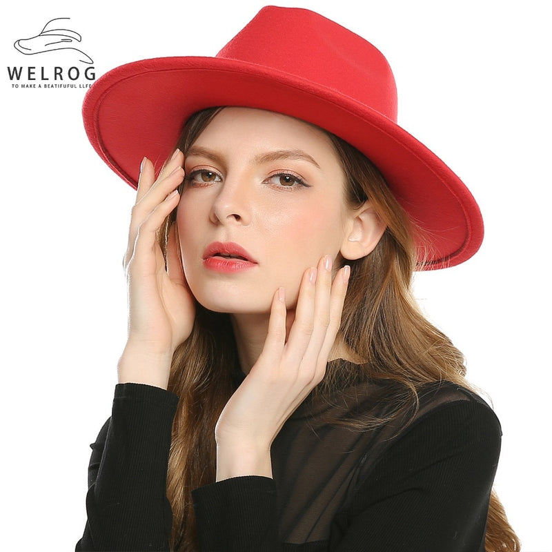 WELROG Black Red Fedora Hats For Women Imitation Wool Fedoras Panama Felt Hat Men Jazz Hats Trilby Chapeau Femme Caps