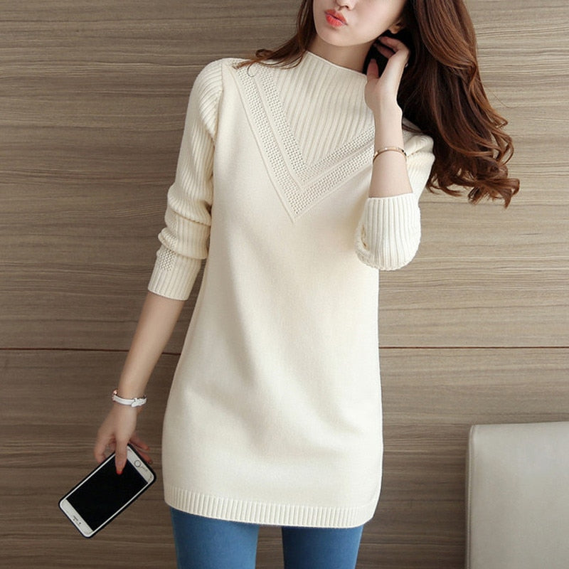 Women Knitwear Sweater Pullover Fashion Long Sleeve Half Turtleneck Sweater Jumper Female Solid Loose Tops AA887