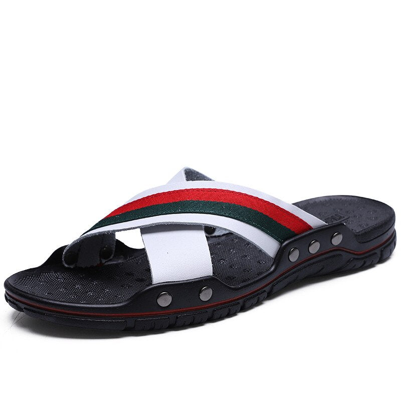 YEINSHAARS Brand Men Slippers Fashion Leather Cross Strap Beach Water Shoes Men High Quality Slippers Big Size:38-47