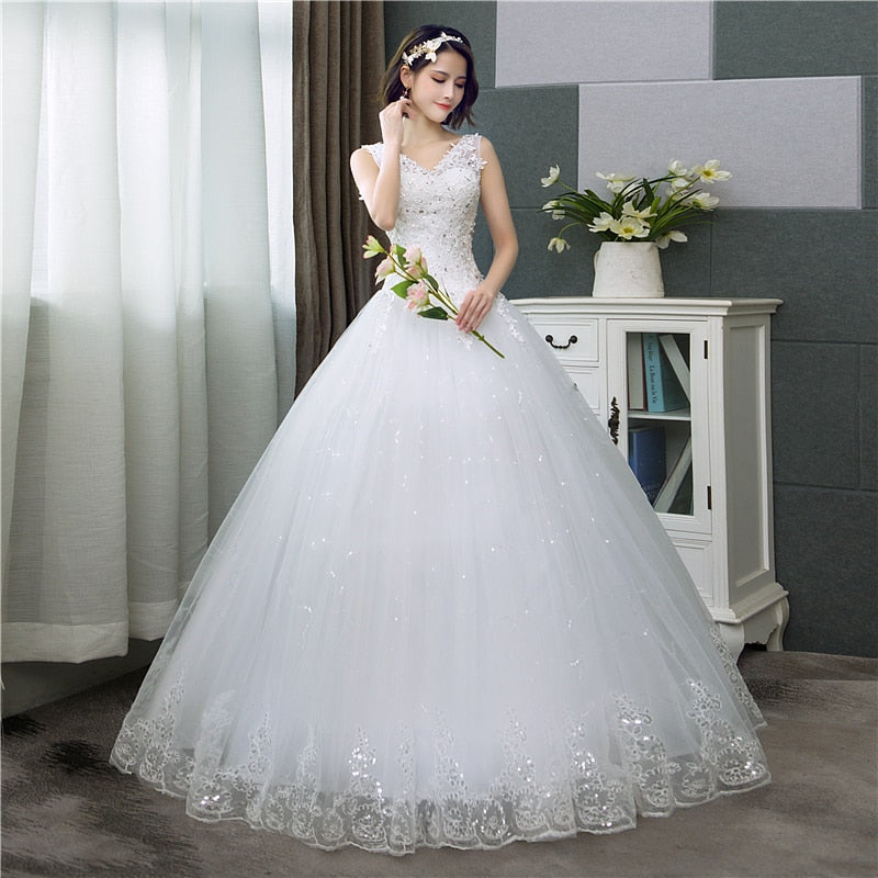 V-Neck Lace Tank Sleeveless Floral Print Ball Gown Ivory Wedding Dress