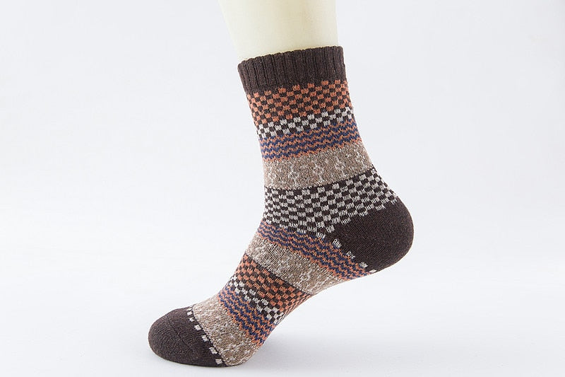 PEONFLY National Style Multi Colorful Geometric Square Printing Men Socks Thick Rabbit Wool Warm Male Retro Socks