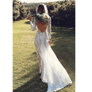 Ordifree Women Long Party Dress Vintage Long Sleeve Floor Length Sexy Backless White Lace Maxi Dress