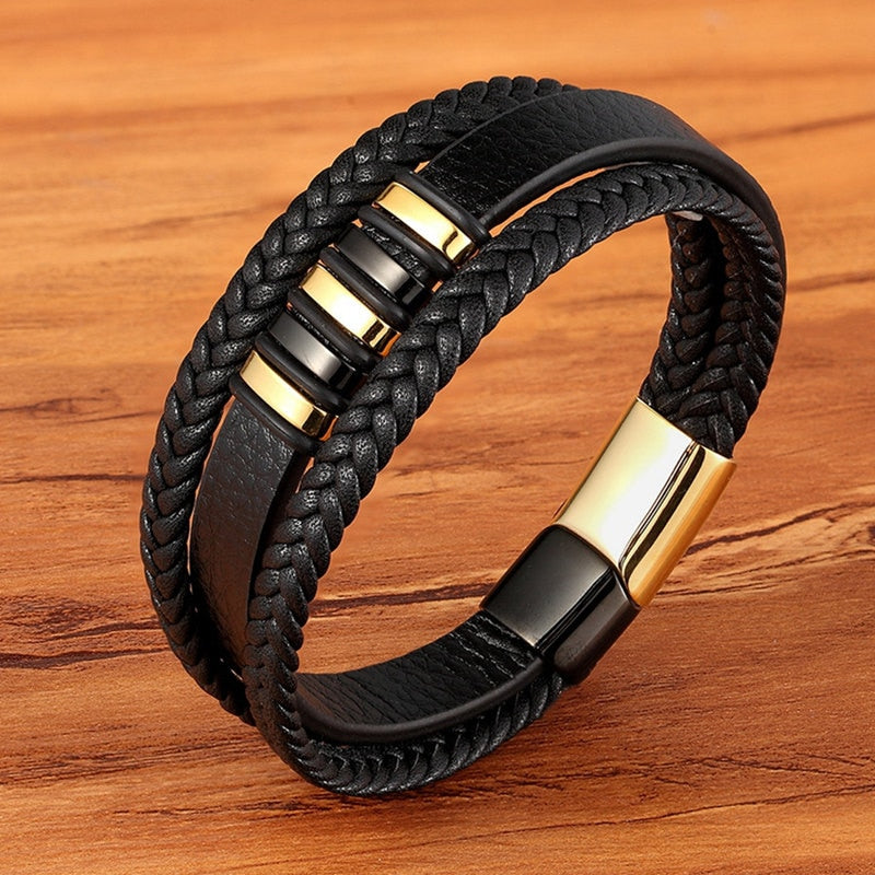 TYO Fashion Stainless Steel Charm Magnetic Black Men Bracelet Leather Genuine Braided Punk Rock Bangles Jewelry Accessories
