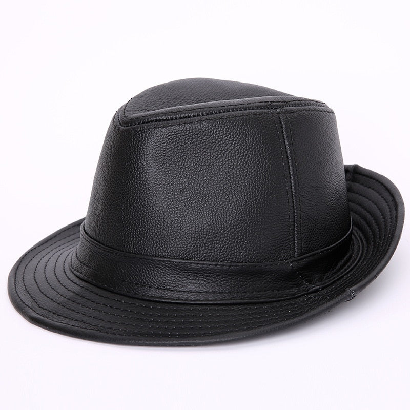 Male 100% Genuine Leather Jazz Hat Adult Fedoras Hat Male Sheepskin Fedoras Cap Men&