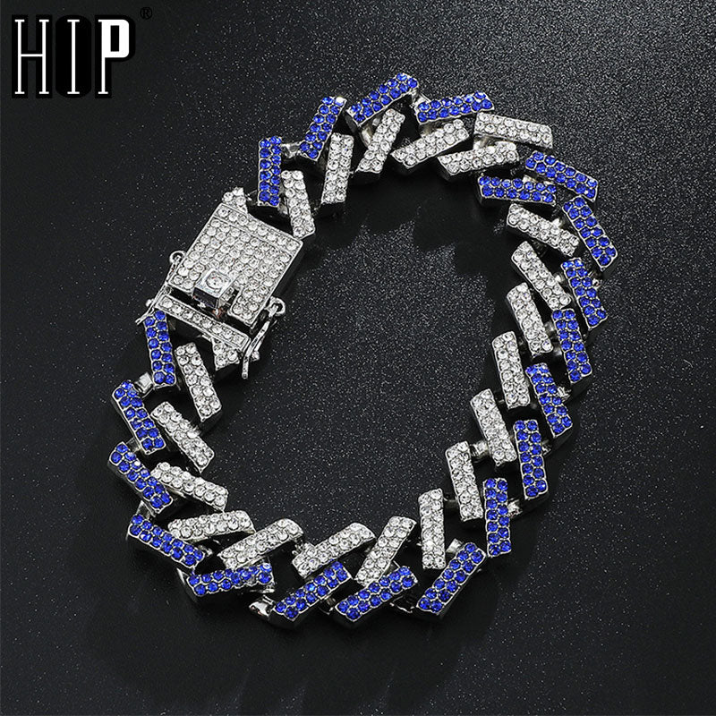 Hip Hop 15MM Bling Iced Out Full Rhinestone Bracelet Geometric AAA CZ Stone Cuban Chain Bracelets For Men Jewelry