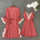 Satin Robe Set Sexy Female Sleepwear Kimono Bathrobe Lace Trim Bride Bridesmaid Dressing Gown Casual Nightgown