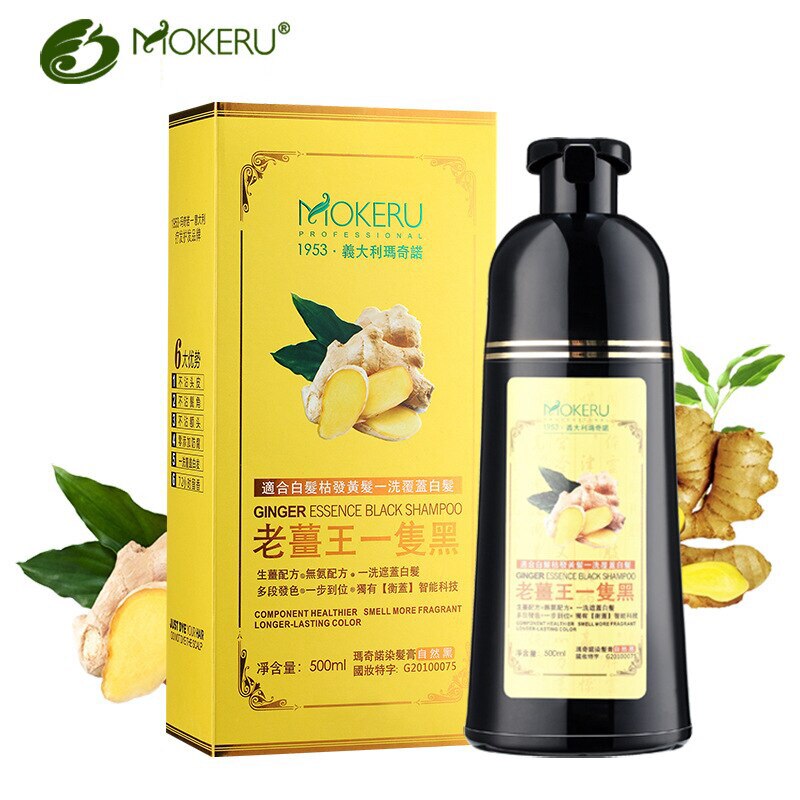 Mokeru 500ml Organic Ginger Black Hair Shampoo Permanent Herbal Gray Hair Dye Black Shampoo For Woman Man White Gray Hair Remove