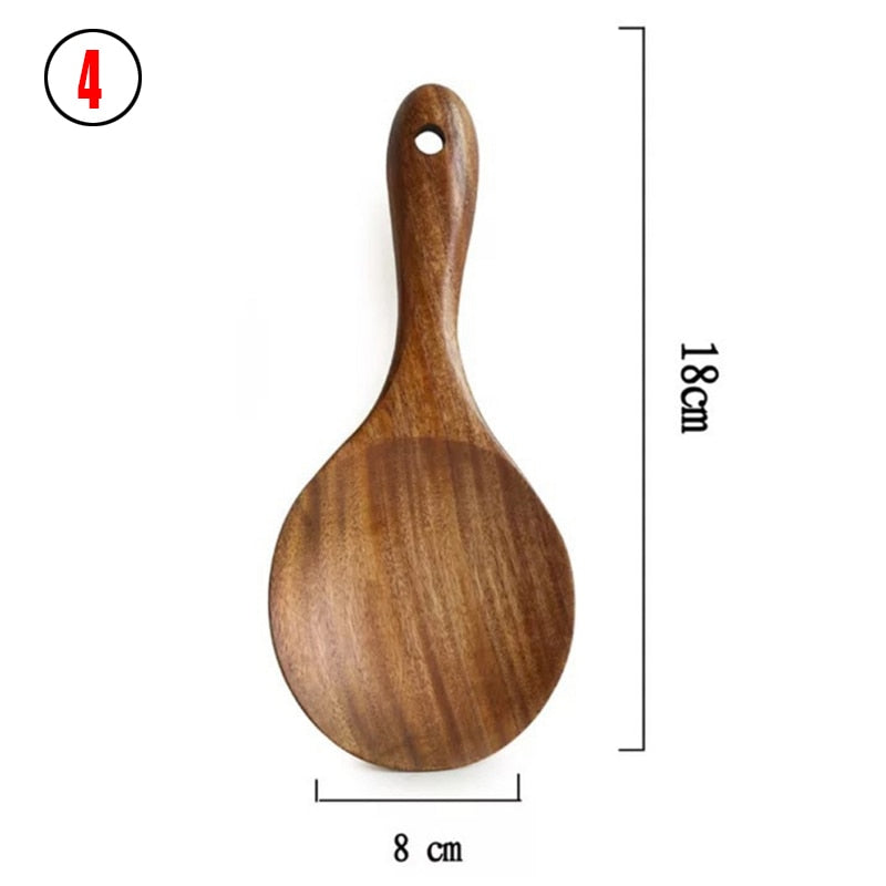 7pcs/set Teak Natural Wood Tableware Spoon Ladle Turner Rice Colander Soup Skimmer Cooking Spoon Scoop Kitchen Reusable Tool Kit