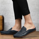Italian Men Slippers Genuine Leather Loafers Moccasins Outdoor Non-slip Black Casual Slides Fashion Shoes