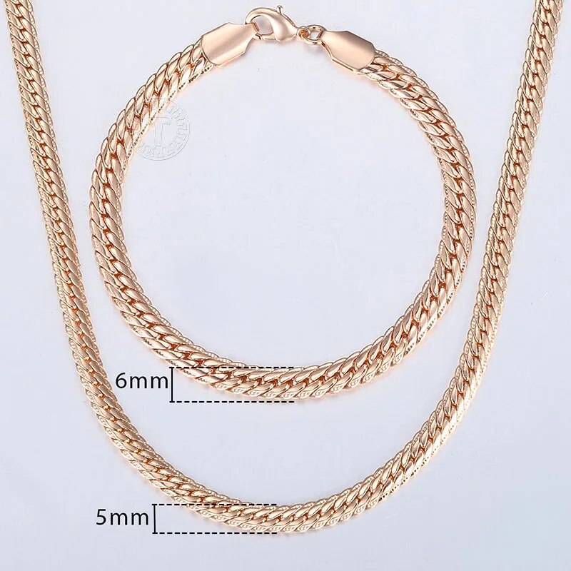Davieslee Jewelry Sets For Women Men 585 Rose Gold Color Bracelet Necklace Set Double Cuban Weaving Bismark Chain Jewelry LCS04