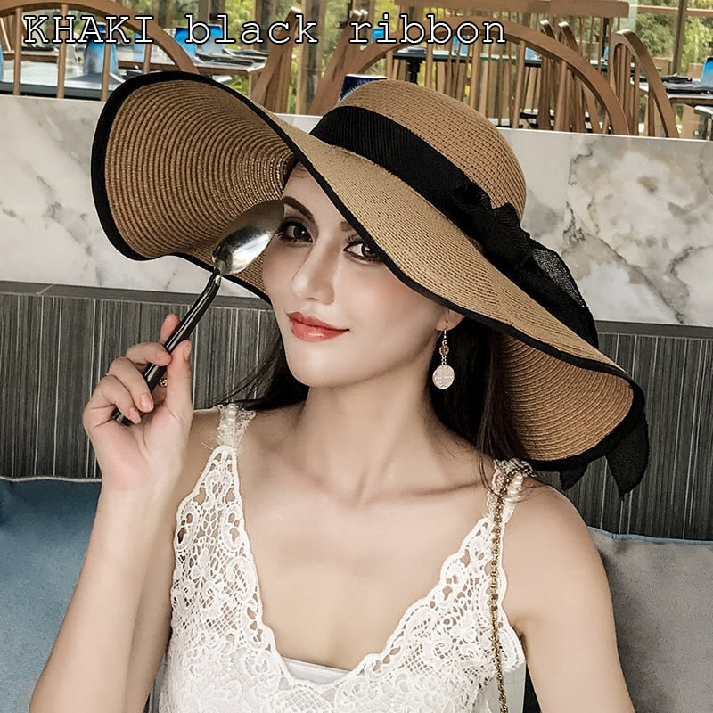 K60 Women Hat Beach Big Brim Straw Seaside Sun Hat Travel Women Panama Sun Protection Felt hat UPF 50+ Sun Visor