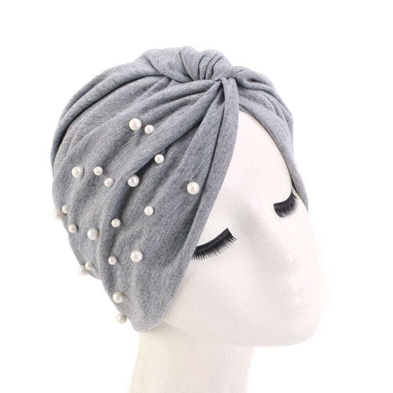 New Muslim Women Pearl Beading Elastic Turban Hat Cancer Cap Head Wrap cotton twist Chemo Cap Beanie Hijab Caps Headwear