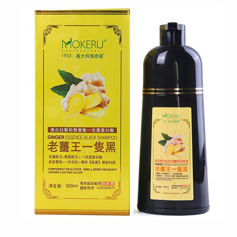 Mokeru 500ml Organic Ginger Black Hair Shampoo Permanent Herbal Gray Hair Dye Black Shampoo For Woman Man White Gray Hair Remove