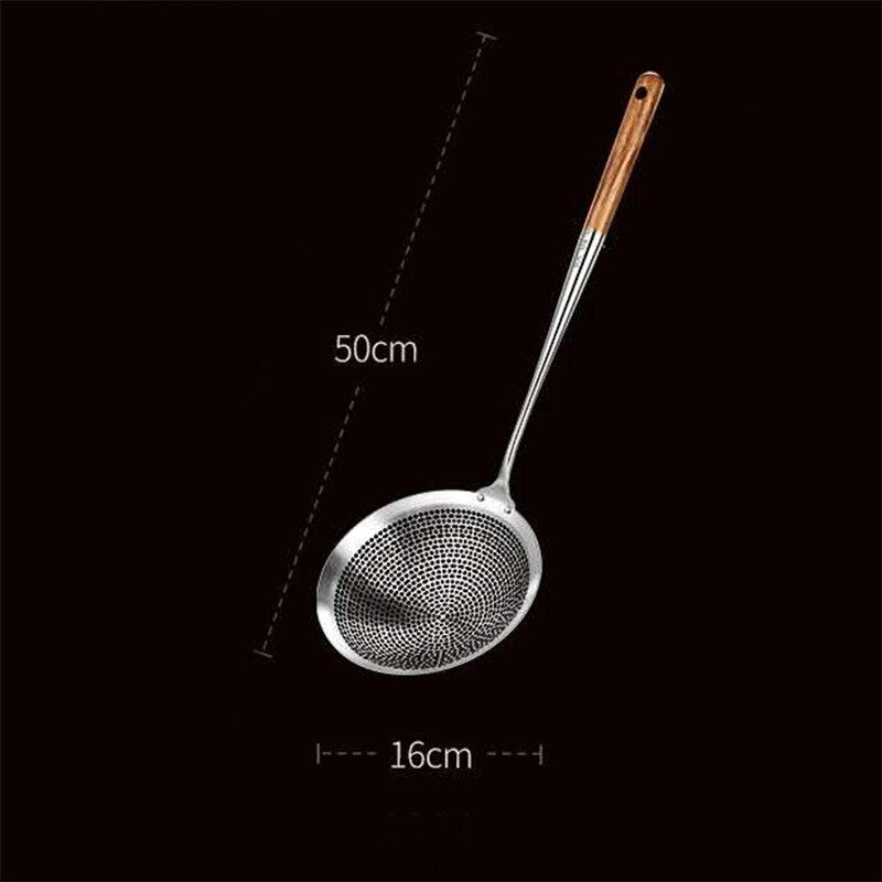 Stainless Steel Colander Strainer Soup Spoon Hot Pot Oil Filter Skimmer Mesh Long Wooden Handle Kitchen Sieves Scoop Tableware