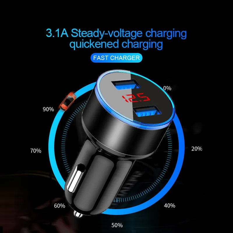 Car Charger For Cigarette Lighter Smart Phone USB Adapter Mobile Phone Charger Dual USB Digital Display Voltmeter Fast Charging