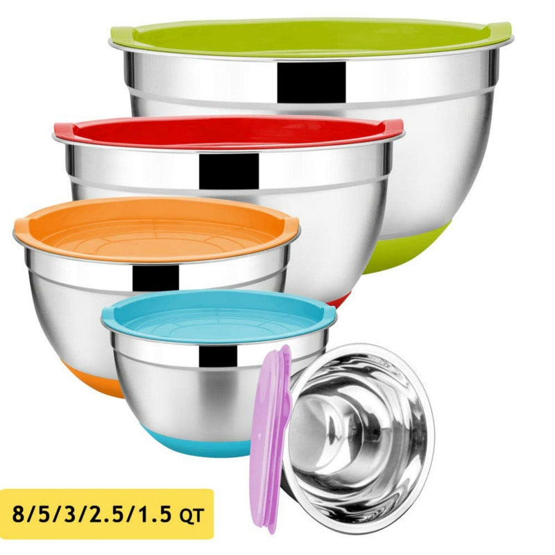 5 Pieces Stainless Steel Mixing Bowls 18/20/22/24/26cm Diameter Metal Nesting Bowls with Colorful Airtight Lids Non-Slip Bottoms