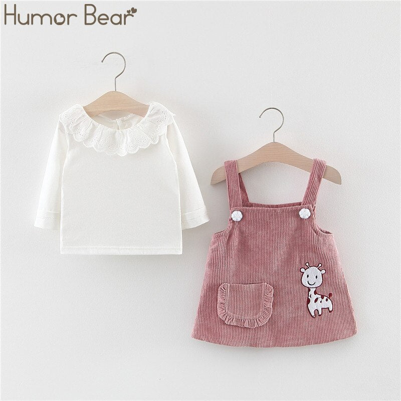 Humor Bear Girls Children's Clothing Doll Collar Long Sleeve +Strap Dress  2Pcs Suit Baby Kids Clothing Suit