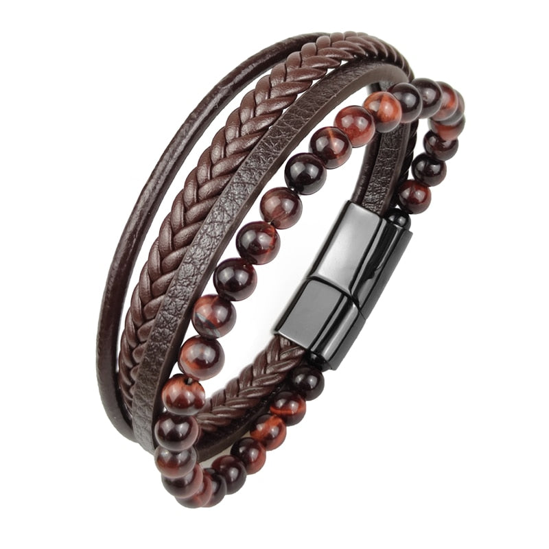 Charm Men Bracelet Rope Stainless Steel Magnetic Natural Stone Leather Beaded Braclet Volcanic Stone bracelet bangles Chain Gift