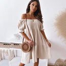 Women Sexy Backless Midi Dress Fashion Lady Slash Neck White Puff Sleeve Big Swing Party Beach Dresses Casual Robe