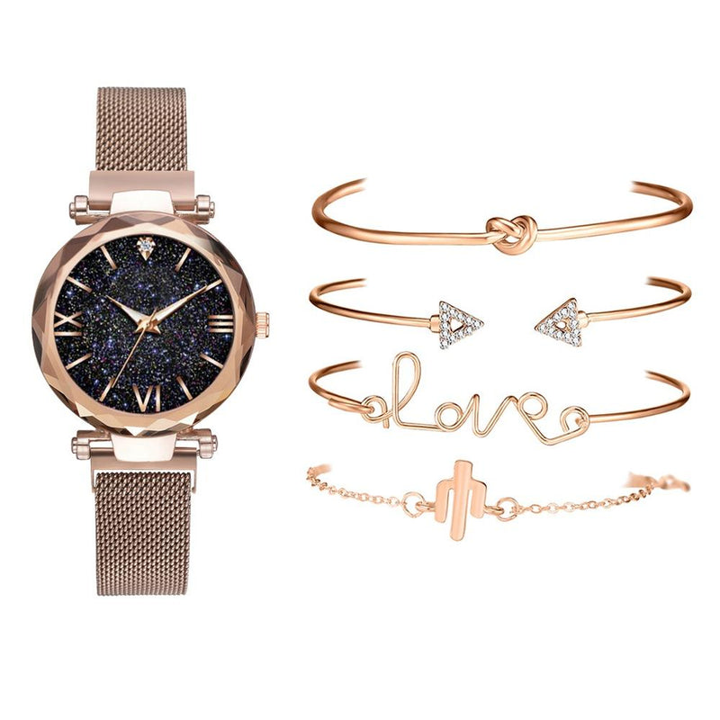 5pcs Set Luxury Women Watches Magnetic Starry Sky Female Clock Quartz