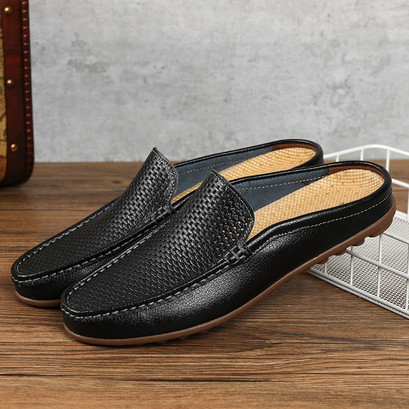 Italian Men Slippers Genuine Leather Loafers Moccasins Outdoor Non-slip Black Casual Slides Fashion Shoes