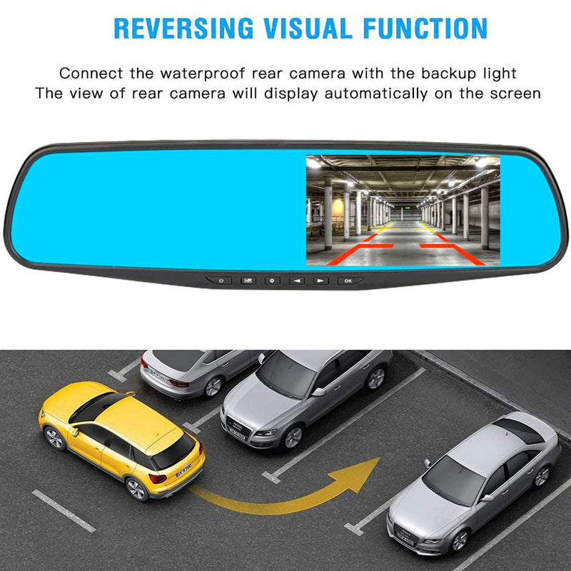 Car DVR Rear View Mirror Video Recroder 4.3 inch Back Up Car Camera Dual  Lens Cam Night Vision Front and Rear Backup Reverse Security for Car