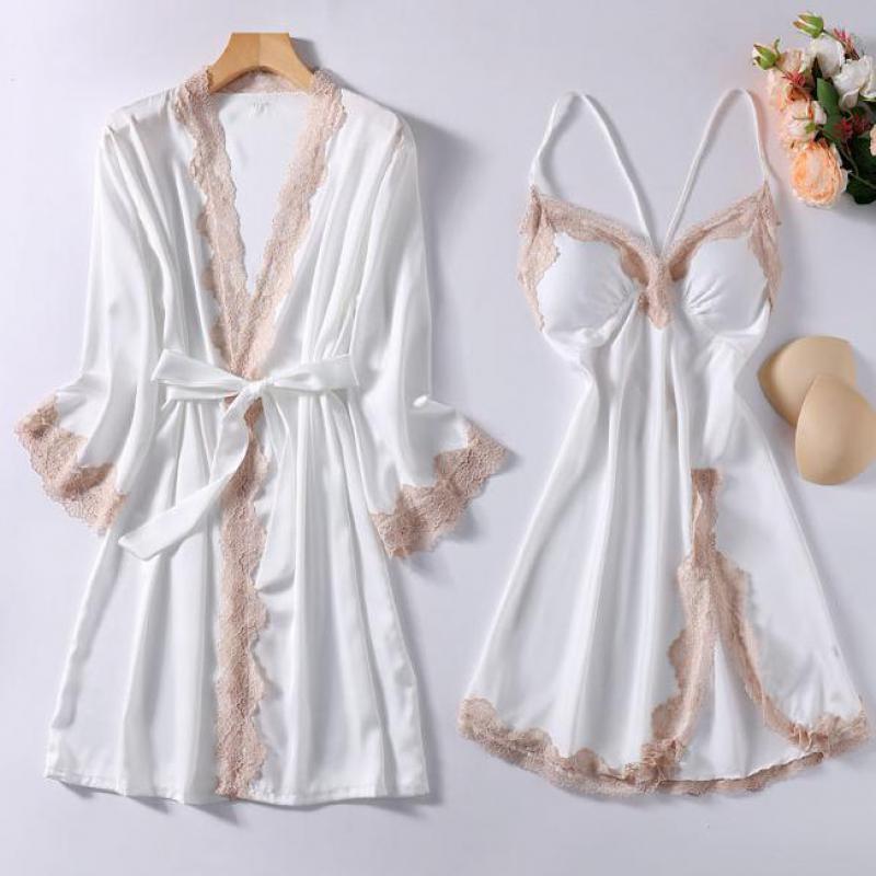 Satin Robe Set Sexy Female Sleepwear Kimono Bathrobe Lace Trim Bride Bridesmaid Dressing Gown Casual Nightgown