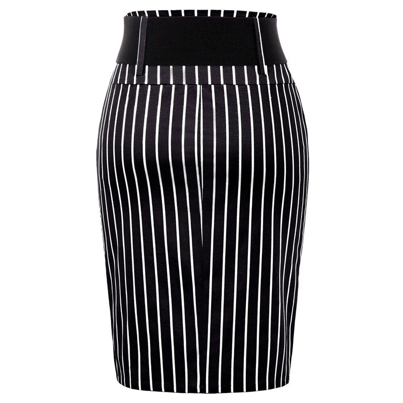 Women Pinstripe skirts High Waist Belt Hips-wrapped knee vintage slim elegant office lady business work Bodycon Pencil Skirt NEW